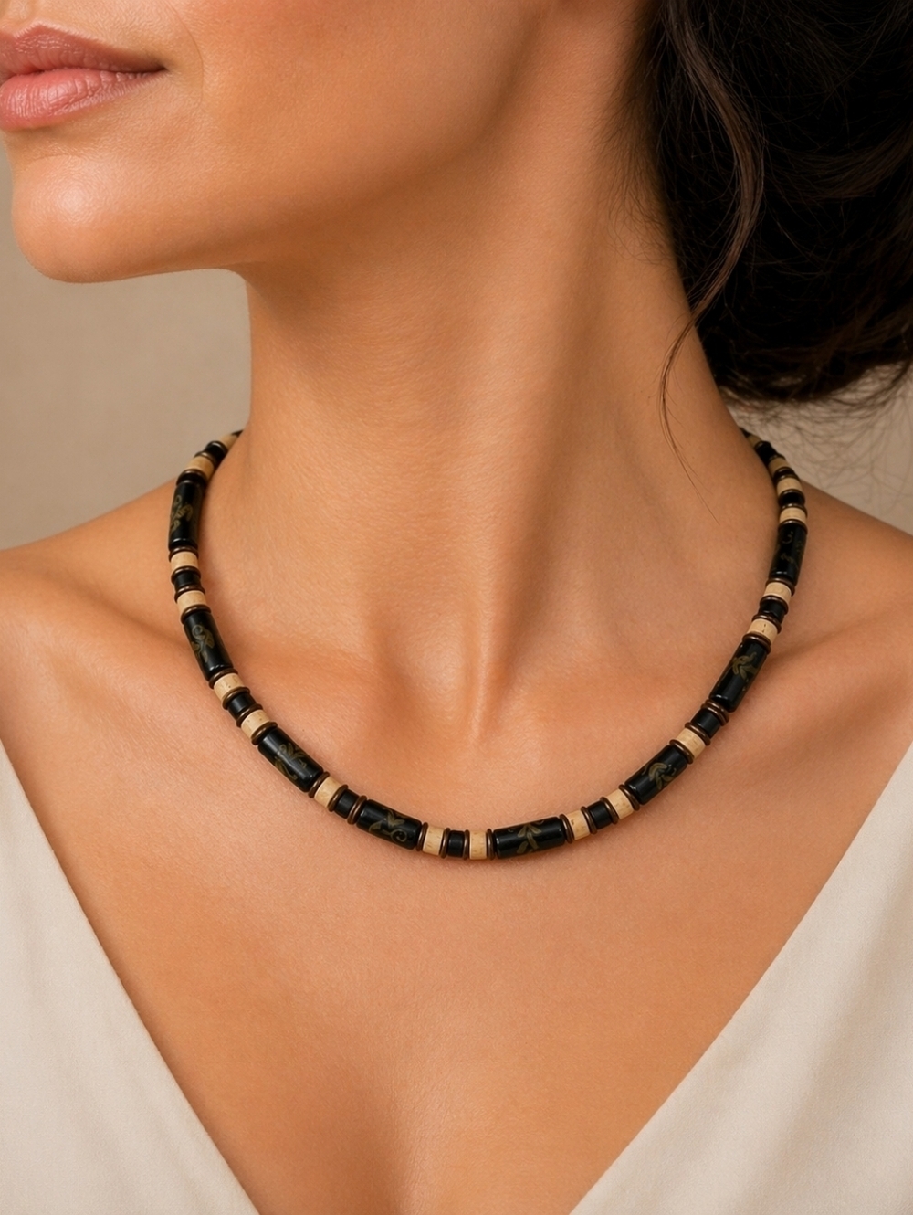 Vintage Japanese Black Gold Painted Ceramic Beaded Unisex Necklace